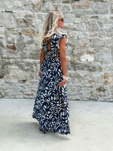 Robe longue à motifs Léonore - Bleu marine/Blanc