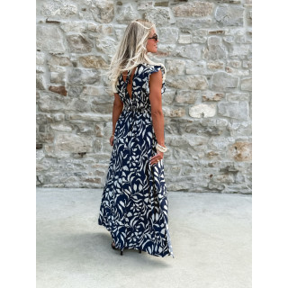 Robe longue à motifs Léonore - Bleu marine/Blanc