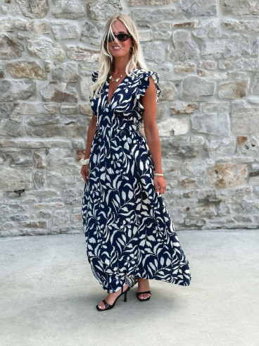 Robe longue à motifs Léonore - Bleu marine/Blanc