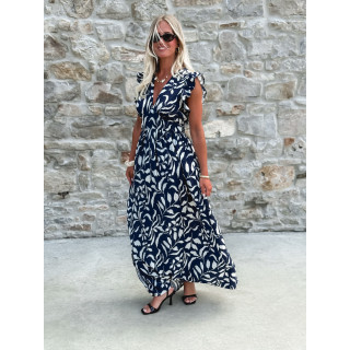 Robe longue à motifs Léonore - Bleu marine/Blanc
