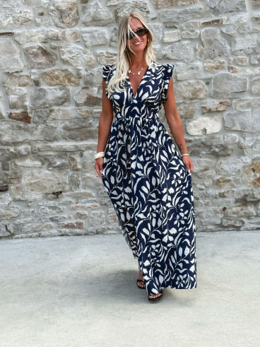 Robe longue à motifs Léonore - Bleu marine/Blanc