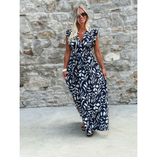 Robe longue à motifs Léonore - Bleu marine/Blanc