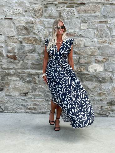 Robe longue à motifs Léonore - Bleu marine/Blanc
