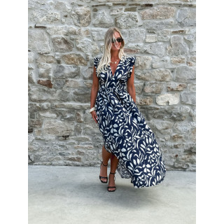 Robe longue à motifs Léonore - Bleu marine/Blanc