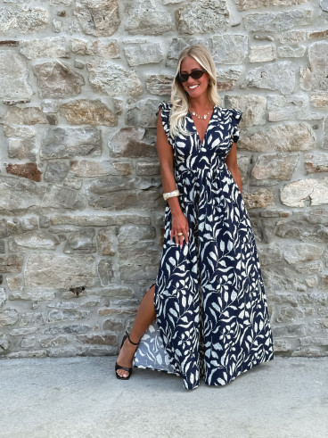 Robe longue à motifs Léonore - Bleu marine/Blanc