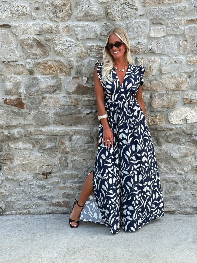 Robe longue à motifs Léonore - Bleu marine/Blanc