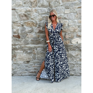 Robe longue à motifs Léonore - Bleu marine/Blanc