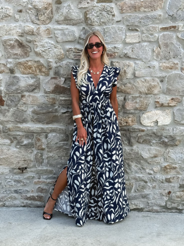 Robe longue à motifs Léonore - Bleu marine/Blanc