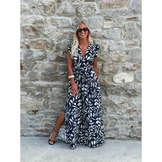 Robe longue à motifs Léonore - Bleu marine/Blanc