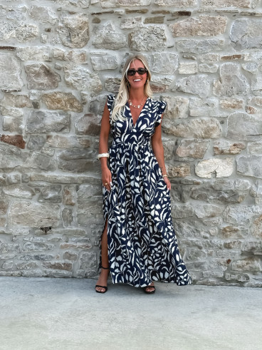 Robe longue à motifs Léonore - Bleu marine/Blanc