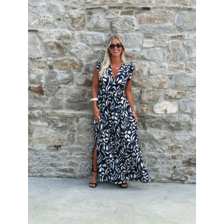 Robe longue à motifs Léonore - Bleu marine/Blanc