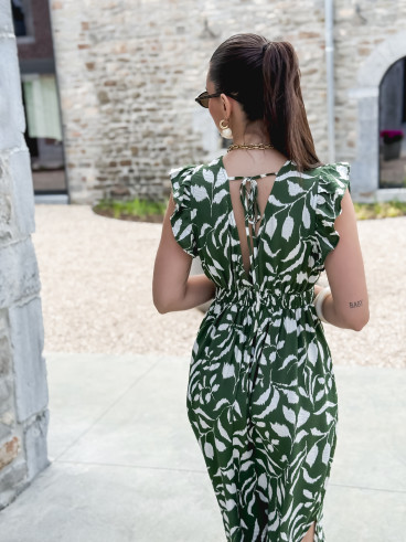 Robe longue à motifs Léonore - Kaki/Blanc