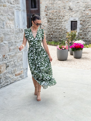 Robe longue à motifs Léonore - Kaki/Blanc