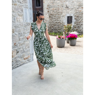 Robe longue à motifs Léonore - Kaki/Blanc