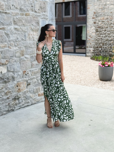 Robe longue à motifs Léonore - Kaki/Blanc