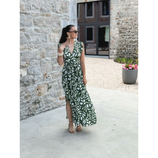 Robe longue à motifs Léonore - Kaki/Blanc