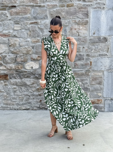 Robe longue à motifs Léonore - Kaki/Blanc