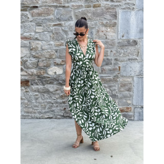 Robe longue à motifs Léonore - Kaki/Blanc