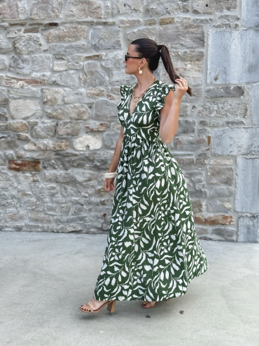 Robe longue à motifs Léonore - Kaki/Blanc