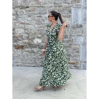 Robe longue à motifs Léonore - Kaki/Blanc
