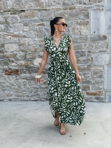 Robe longue à motifs Léonore - Kaki/Blanc