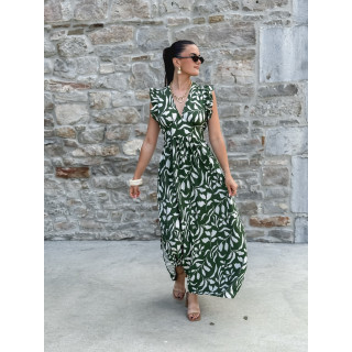 Robe longue à motifs Léonore - Kaki/Blanc