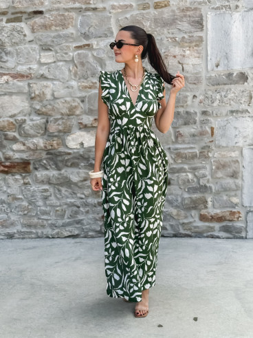 Robe longue à motifs Léonore - Kaki/Blanc
