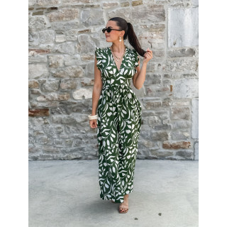 Robe longue à motifs Léonore - Kaki/Blanc