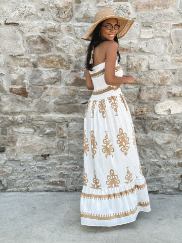 Robe longue à motifs Abella - Blanc/Camel