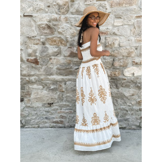 Robe longue à motifs Abella - Blanc/Camel