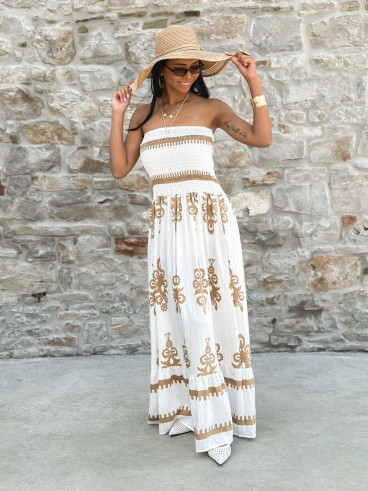 Robe longue à motifs Abella - Blanc/Camel