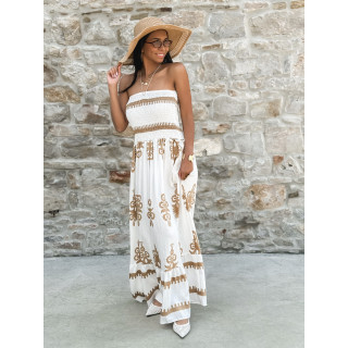 Robe longue à motifs Abella - Blanc/Camel