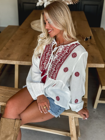 Chemise à motifs Sina - Blanc/Bordeaux