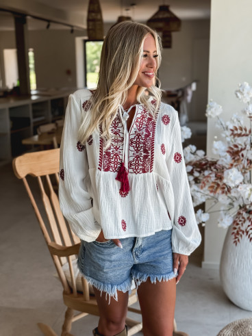 Chemise à motifs Sina - Blanc/Bordeaux
