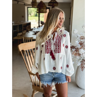 Chemise à motifs Sina - Blanc/Bordeaux