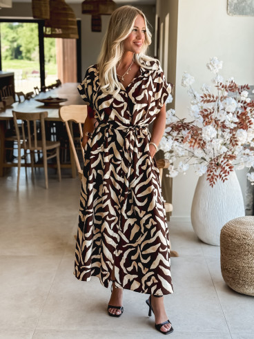 Robe longue à motifs Melucine - Chocolat/Beige