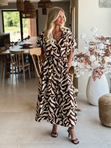 Robe longue à motifs Melucine - Chocolat/Beige