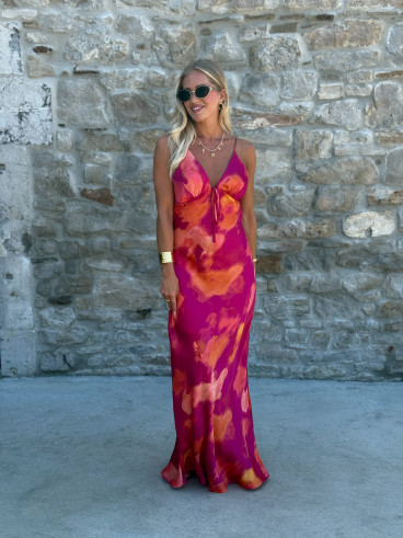 Robe longue à motifs Naora - Fuchsia/Orange