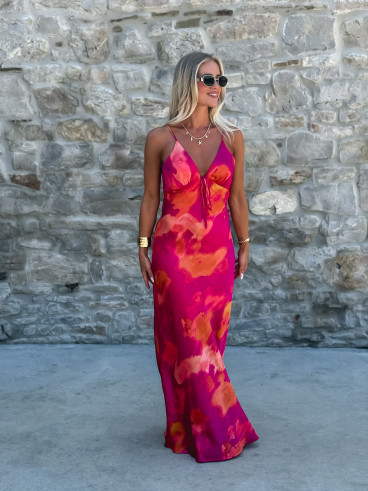 Robe longue à motifs Naora - Fuchsia/Orange