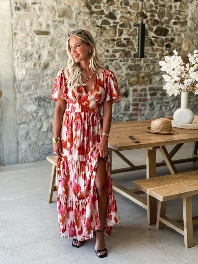 Robe longue à motifs Maloïse - Rose/Beige