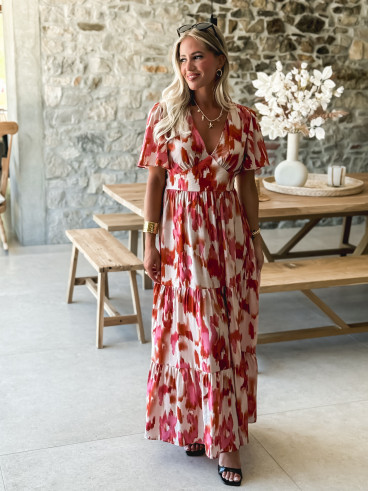 Robe longue à motifs Maloïse - Rose/Beige