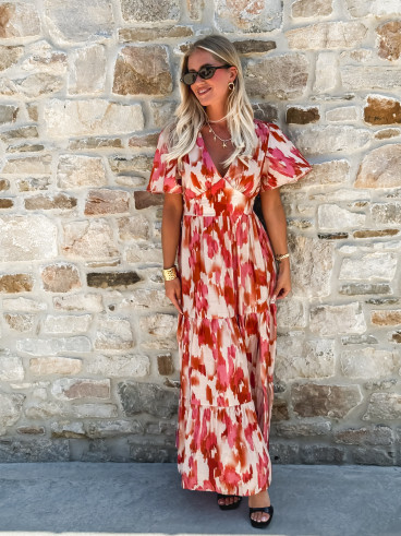 Robe longue à motifs Maloïse - Rose/Beige