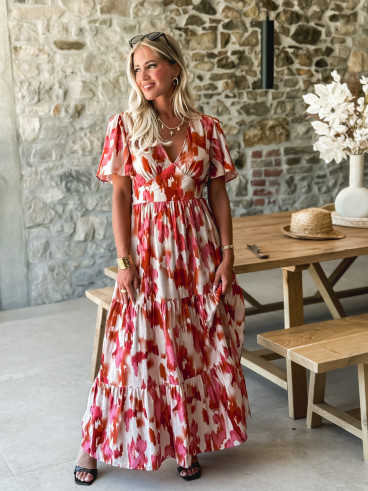 Robe longue à motifs Maloïse - Rose/Beige
