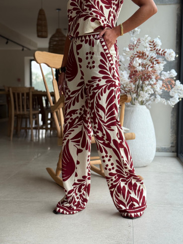 Pantalon à motifs Hyuna - Ecru/Bordeaux