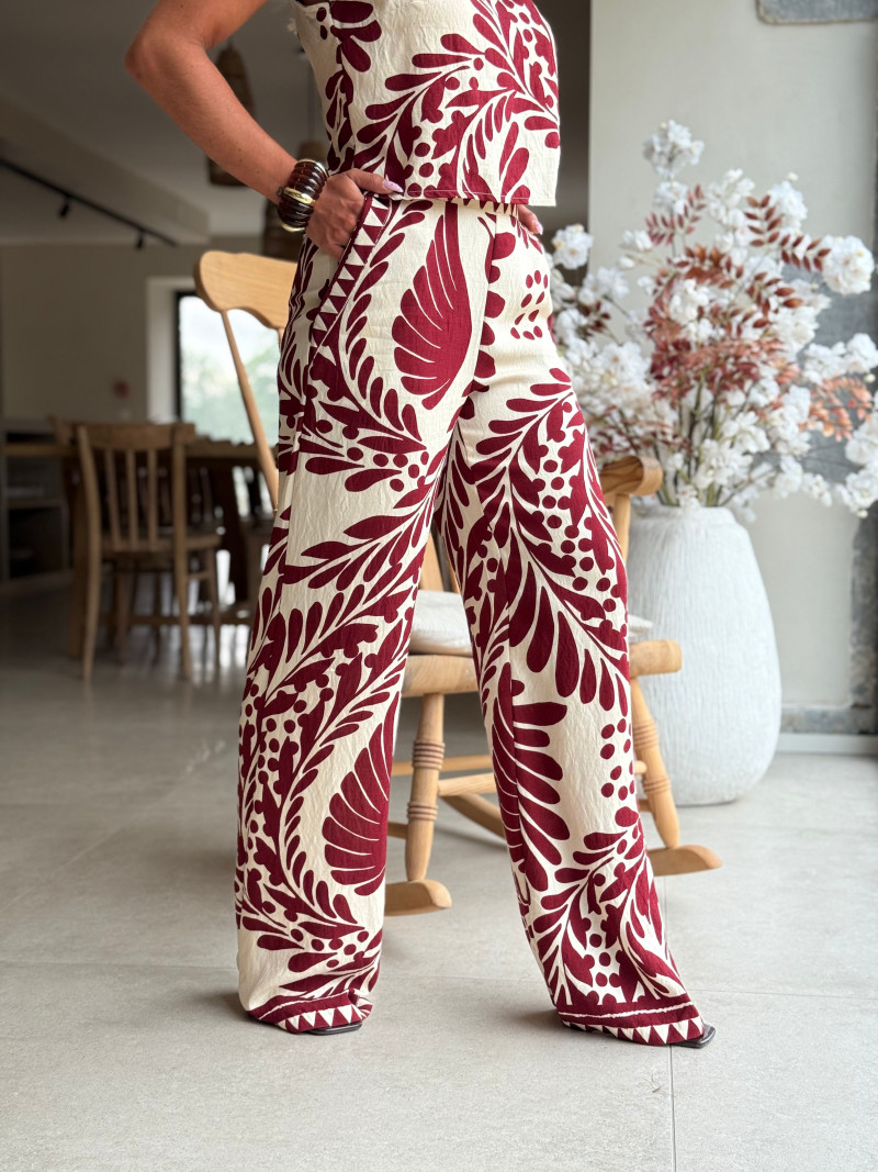 Pantalon à motifs Hyuna - Ecru/Bordeaux