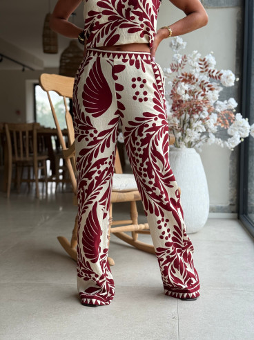 Pantalon à motifs Hyuna - Ecru/Bordeaux