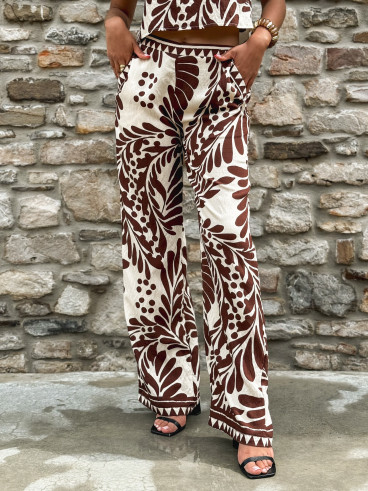Pantalon à motifs Hyuna - Ecru/Chocolat