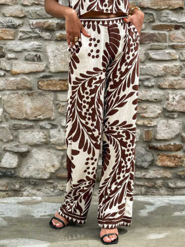 Pantalon à motifs Hyuna - Ecru/Chocolat