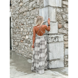 Robe longue à motifs Sloane - Ecru/Gris