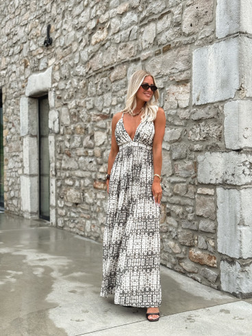 Robe longue à motifs Sloane - Ecru/Gris